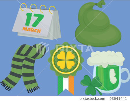 a set for saint patricks day includes callendar, bag, badge, glass of ale and scarf a set for saint patricks day includes callendar, bag, badge, glass of ale and scarf 98641441