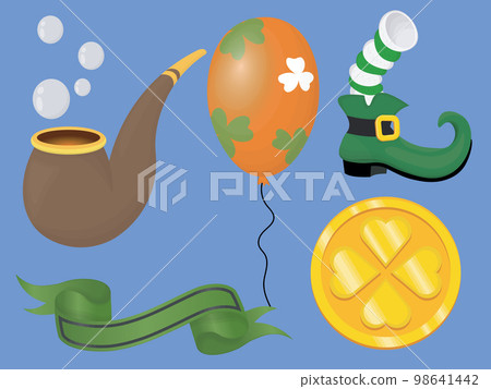 a set for saint patricks day includes smoke pipe, holiday baloon, boot with sock, gold coin and ribbon a set for saint patricks day includes smoke pipe, holiday baloon, boot with sock, gold coin and ribbon 98641442