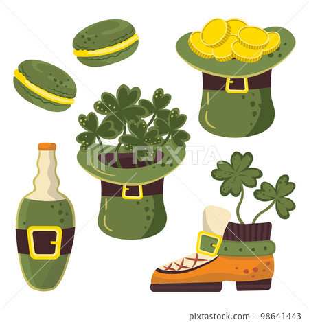 set of green illustrations leprechaun hat with coins of saint patrick clover macaroon set of green illustrations leprechaun hat with coins of saint patrick clover macaroon 98641443