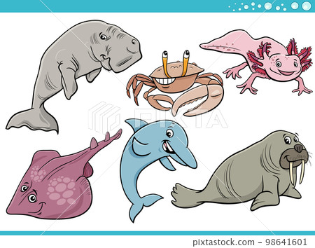 cartoon sea life or marine animal characters set 98641601