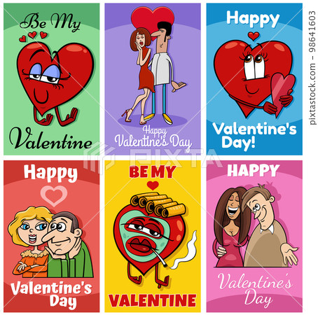 Valentine cartoon greeting cards designs set 98641603