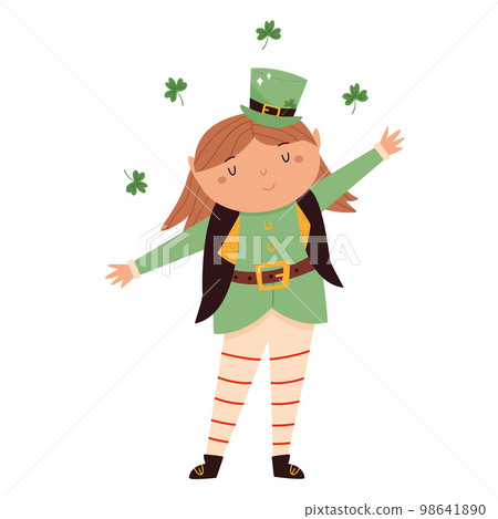 Cartoon dancing leprechaun girl in traditional costume and top hat Cartoon dancing leprechaun girl in traditional costume and top hat 98641890