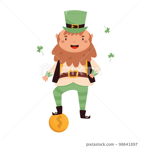 Cartoon leprechaun in traditional costume and top hat standing on a golden coin Cartoon leprechaun in traditional costume and top hat standing on a golden coin 98641897