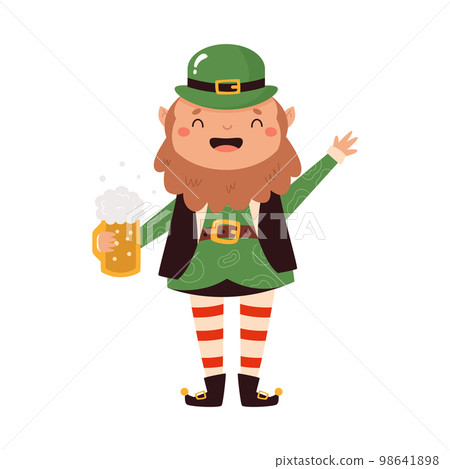 Cartoon leprechaun in traditional costume and hat with a beer Cartoon leprechaun in traditional costume and hat with a beer 98641898