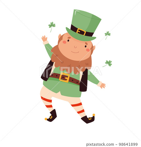 Cartoon dancing leprechaun in traditional costume and top hat 98641899