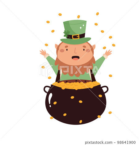 Cartoon leprechaun in traditional costume and top hat sitting in a pot of gold Cartoon leprechaun in traditional costume and top hat sitting in a pot of gold 98641900