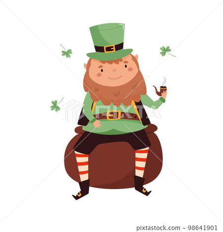 Cartoon leprechaun in traditional costume and top hat sitting on a bag with a pipe. 98641901