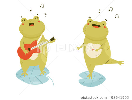 Cute happy frogs singing and playing the guitar standing on a water leaf 98641903