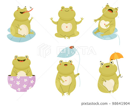 Set of adorable frog characters in different poses and positions Set of adorable frog characters in different poses and positions 98641904