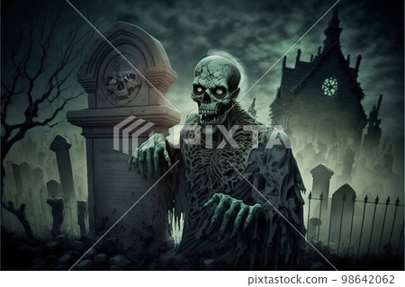 Zombie horror on graveyard among the graves at the night. Generative Ai 98642062
