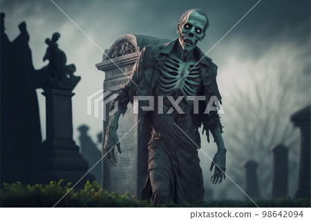 Zombie horror on graveyard among the graves at the night. Generative Ai 98642094