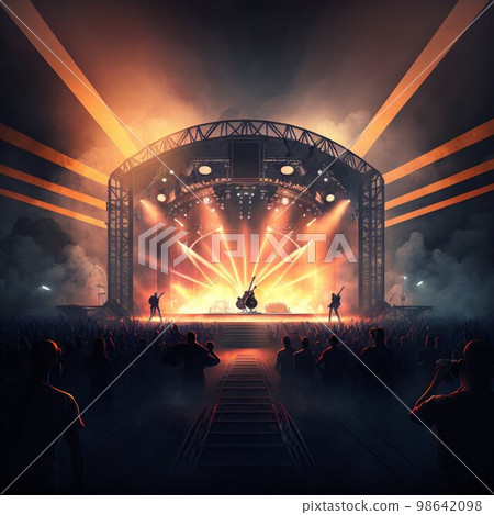 Concert stage with power sound system and lights. Generative Ai Concert stage with power sound system and lights. Generative Ai 98642098