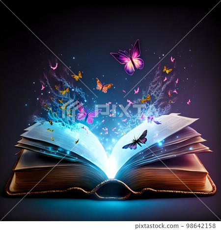 Open magic fantasy book with lights. Generative Ai 98642158