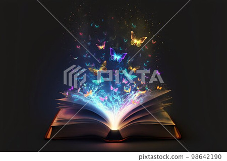 Open magic fantasy book with lights. Generative Ai 98642190