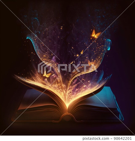 Open magic fantasy book with lights. Generative Ai 98642201