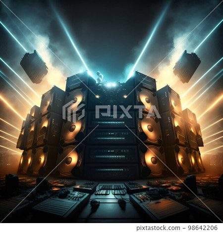 Big sound system on concert stage. Generative AI Big sound system on concert stage. Generative AI 98642206