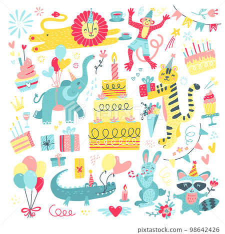 Happy birthday animal party. Children themed party chacters of cute animals bunny, lion in party hat, monkey, elephant, raccoon, crocodile, party cake, balloons, tiger.Flat vector illustration set 98642426