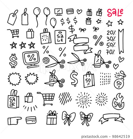 Mega Black friday sale set of icons and objects. Hand drawn doodle store discount design concept. Black and white outline design. Monochrome line art. Vector hand drawn illustration. Mega Black friday sale set of icons and objects. Hand drawn doodle store discount design concept. Black and white outline design. Monochrome line art. Vector hand drawn illustration. 98642519