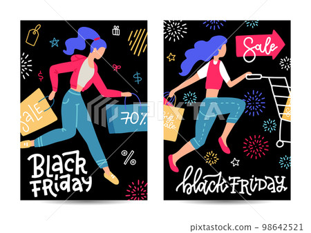 Set of vertical A4 Banners for Black Friday sale. Women running for shopping with cart and paper bags in hands. Flat Vector illustration 98642521