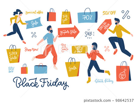 Black Friday Sale Lettering Text with Group Of People Holding Different shopping paper bags. Horizontal Web Banner Flat Vector Illustration. Arrows and signs with ad quotes. Black Friday Sale Lettering Text with Group Of People Holding Different shopping paper bags. Horizontal Web Banner Flat Vector Illustration. Arrows and signs with ad quotes. 98642537