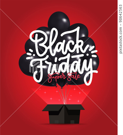 Black Friday Sale Poster with Dark Shiny Balloons Bunch flying from open black box. Vector realistic 3d illustration. Red shiny background with light and lettering text. Black Friday Sale Poster with Dark Shiny Balloons Bunch flying from open black box. Vector realistic 3d illustration. Red shiny background with light and lettering text. 98642563