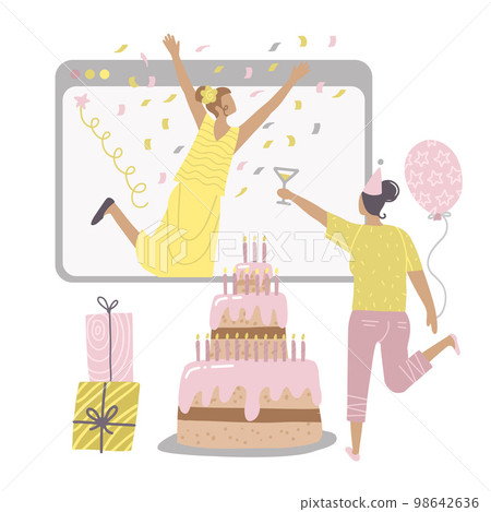 Online birthday party. Female Friends virtual call. Women Celebrating during quarantine self isolation. Big screen with cale and gift boxes. Vector flat hand drawn illustration. Online birthday party. Female Friends virtual call. Women Celebrating during quarantine self isolation. Big screen with cale and gift boxes. Vector flat hand drawn illustration. 98642636