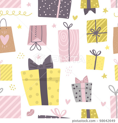 Party presents doodle colorful seamless pattern. Hand drawn gift boxes. Happy Birthday texture. Decorative doodle flat elements. Celebration Birthday, Holidays, New Year. Vector texture. 98642649