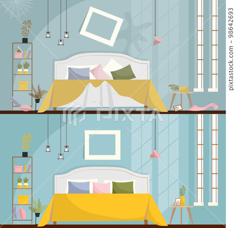 Bedroom before and after cleaning. Dirty room Interior with scattered Furniture and items. Bedroom interior with a bed, nightstands, wardrobe and large windows. Flat cartoon style vector illustration. 98642693