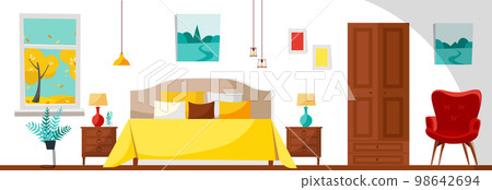 Modern Bedroom interior with a bed, nightstands, lamps, wardrobe, red soft armchair and window with trees landscape. Flat cartoon style vector illustration on white background. 98642694