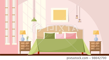 Interior room concept background. Bedroom interior with a bed, nightstands, lamps, picture and large windows with lights of a sun. Cozy elegant furniture. Flat cartoon style vector illustration. Interior room concept background. Bedroom interior with a bed, nightstands, lamps, picture and large windows with lights of a sun. Cozy elegant furniture. Flat cartoon style vector illustration. 98642700