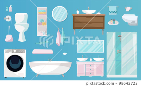 Bathroom set of Furniture, toiletries, sanitation, equipment and articles of hygiene for the bathroom. Sanitary ware set isolated on blue background. Flat cartoon vector illustration 98642722