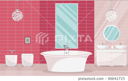 Modern elegant rich bathroom interior with tub. Bathroom furniture - bathtub, stand with two sinks, large vertical mirror, toilet, bidet, chandelier. Flat cartoon vector illustration Modern elegant rich bathroom interior with tub. Bathroom furniture - bathtub, stand with two sinks, large vertical mirror, toilet, bidet, chandelier. Flat cartoon vector illustration 98642725