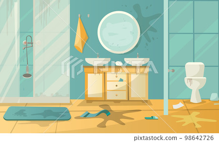 Dirty interior of bathroom with toilet sink shower cabbin and accessories in a modern style. Flat cartoon vector illustration Dirty interior of bathroom with toilet sink shower cabbin and accessories in a modern style. Flat cartoon vector illustration 98642726