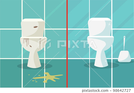 Before and After Cleaning.Dirty and clean toilets composition representing two lavatory bowls before after applying toilet bowl cleaner. Concept for cleaning companies.Flat cartoon vector illustration Before and After Cleaning.Dirty and clean toilets composition representing two lavatory bowls before after applying toilet bowl cleaner. Concept for cleaning companies.Flat cartoon vector illustration 98642727