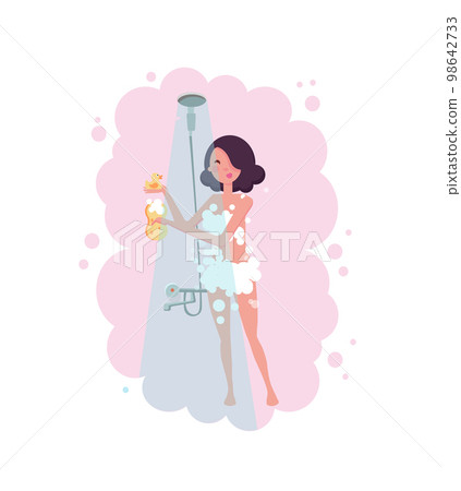 Full length portrait of brunette young beautiful woman taking a shower in the bathroom with sponge. Isolated pink water steam on white background. Flat cartoon vector illustration. Full length portrait of brunette young beautiful woman taking a shower in the bathroom with sponge. Isolated pink water steam on white background. Flat cartoon vector illustration. 98642733