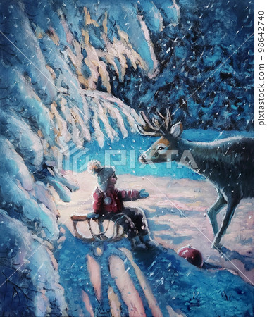 Oil paintin on canvas - Red deer in a fabulous Christmas forest came out to the child on a background of snowy trees and a lantern. New Year card idea. Winter fairytale wonderland. 98642740