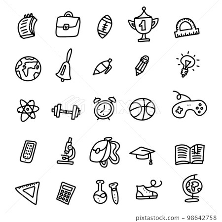 School Icons. Back To School. Hand Drawn Doodle Icon Set. Sketchy vector outline cartoon set of School objects and symbols. Freehand drawing school items 98642758