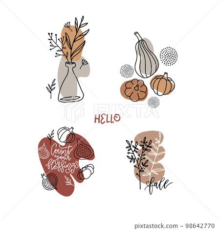Flat liquid organic floral forms and badges with autumn elements set. Pumpkin, leaves and fig. Template for logo, web design, social media post, banner,, invitation, print, flyer. Vector illustration. 98642770