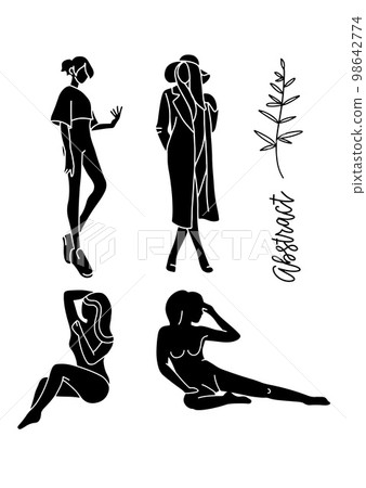 Fashion models sketch hand drawn stylized silhouettes isolated on white. Vector fashion illustration set. Females pretty elegant figures. Elements for autumn decor. Fashion models sketch hand drawn stylized silhouettes isolated on white. Vector fashion illustration set. Females pretty elegant figures. Elements for autumn decor. 98642774