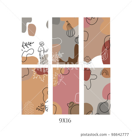 Set of abstract leaves vector modern stories background. Vertical 9x16 background collection. Geometric floral illustration template. Flat colorful liquid shape with outlined decor . 98642777