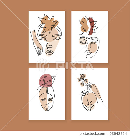 Abstract female portraits set. Contemporary art posters collection with female faces and autumn leaves. Vector linear hand drawn illustration Abstract female portraits set. Contemporary art posters collection with female faces and autumn leaves. Vector linear hand drawn illustration 98642834