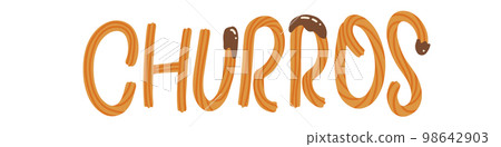 Churros - and drawn lettering word made with churros sticks and chocolate sauce. Vector flat illustration. 98642903