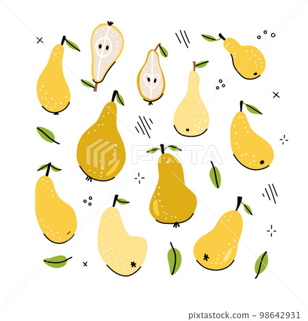 Pear slice, whole pear - clipart set of hand drawn childish flat and linear style isolated on white background. Vector hand drawn doodle illustration. Pear slice, whole pear - clipart set of hand drawn childish flat and linear style isolated on white background. Vector hand drawn doodle illustration. 98642931