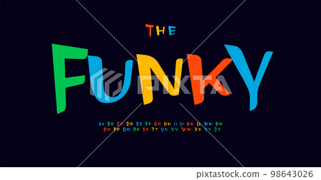 Funku playful alphabet, dynamic laidback letters, bright, colorful and vibrant font for uneven expressive logo, lively and cheerful headline, unique and cool typography. Vector typographic design 98643026