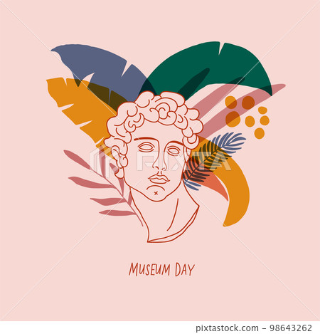 International Museum Day, May 18. One continuous line greek goddess statue. Vector line art. Perfect for flyer, card, poster, booklet. Vector illustration 98643262