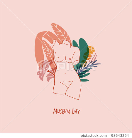 Statue of Renaissance woman with flowers. Minimalistic illustration. Pink background. Museum day postcard, banner. Museum illustration. Vector illustration Statue of Renaissance woman with flowers. Minimalistic illustration. Pink background. Museum day postcard, banner. Museum illustration. Vector illustration 98643264