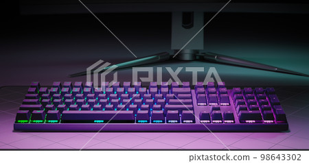 Computer Gaming PC keyboard neon light Futuristic modern workplace 3d render Computer Gaming PC keyboard neon light Futuristic modern workplace 3d render 98643302
