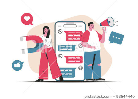 Social media marketing concept isolated. Attracting new customers, online promotion. People scene in flat cartoon design. Vector illustration for blogging, website, mobile app, promotional materials. Social media marketing concept isolated. Attracting new customers, online promotion. People scene in flat cartoon design. Vector illustration for blogging, website, mobile app, promotional materials. 98644440