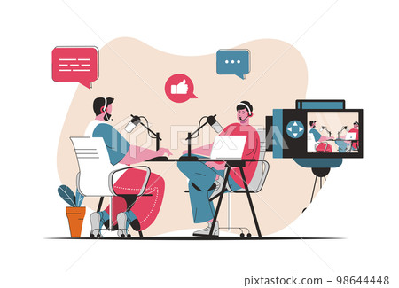 Podcast streaming concept isolated. Radio presenters talk into microphones in live. People scene in flat cartoon design. Vector illustration for blogging, website, mobile app, promotional materials. 98644448