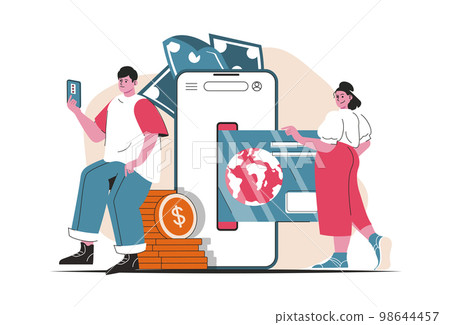 Mobile banking concept isolated. Money transactions and payments in mobile app. People scene in flat cartoon design. Vector illustration for blogging, website, mobile app, promotional materials. 98644457